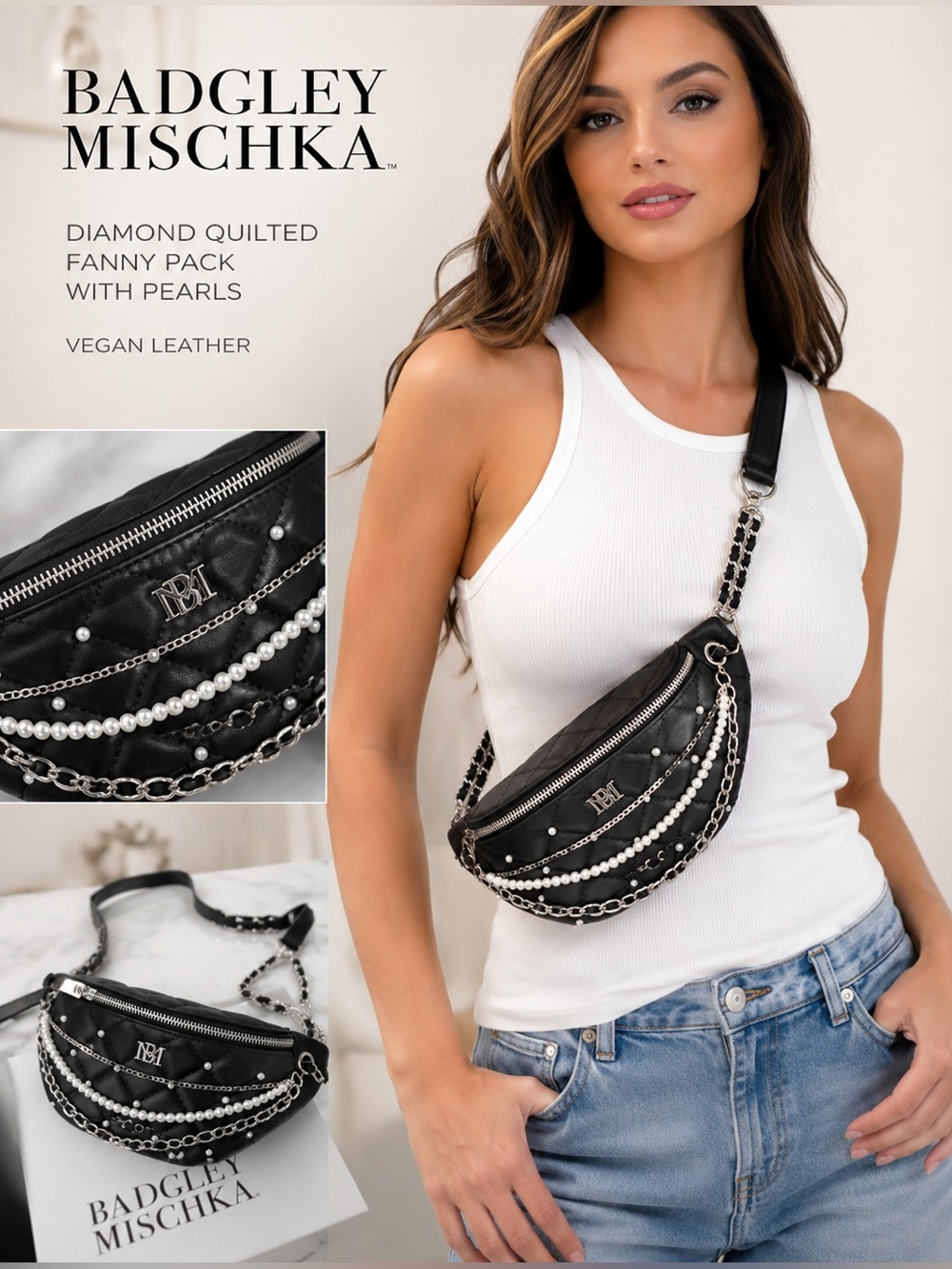 BADGLEY MISCHKA Diamond Quilted Pearl Chain Fanny Pack Belt Bag Vegan Leather